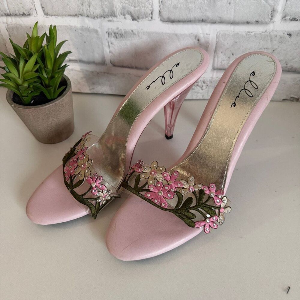 Ellie "Ladin" Pink Floral Lucite Y2K Platform Mules Size 7